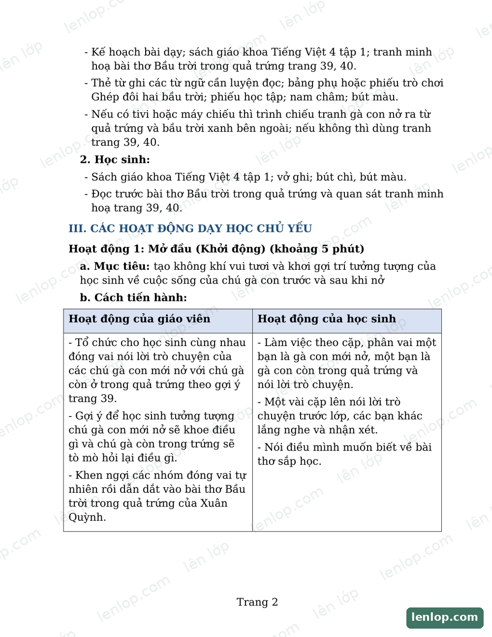 Trang 2, khởi động và đồ dùng dạy học. Bản xem trước có dấu bản quyền lenlop.