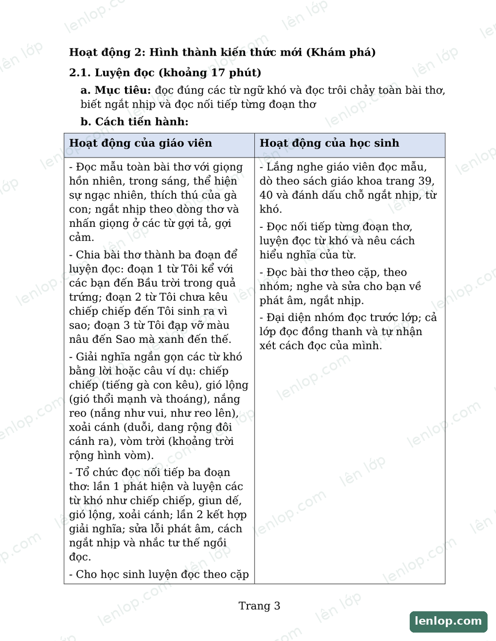 Giáo án Tiếng Việt lớp 4, Bài 9, trang bảng hoạt động luyện đọc. Bản xem trước có dấu bản quyền lenlop.