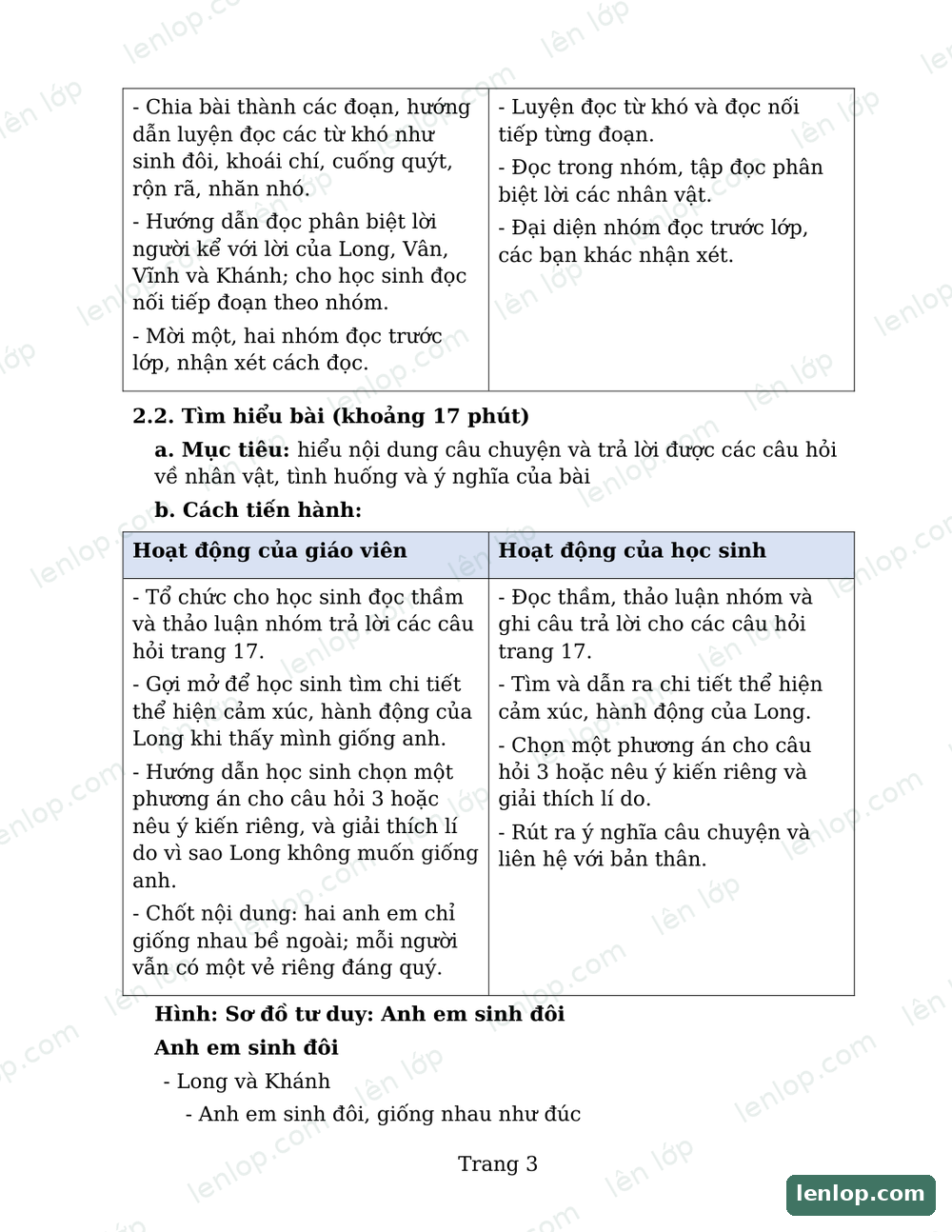 Bài 3: Anh em sinh đôi, Giáo án, trang xem trước. Bản có dấu bản quyền lenlop.