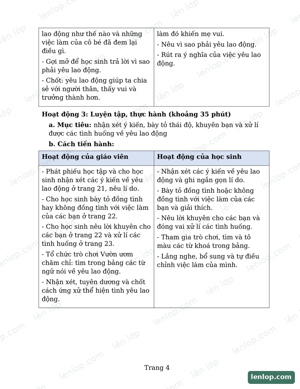 Bài 3: Yêu lao động, Giáo án, trang xem trước. Bản có dấu bản quyền lenlop.