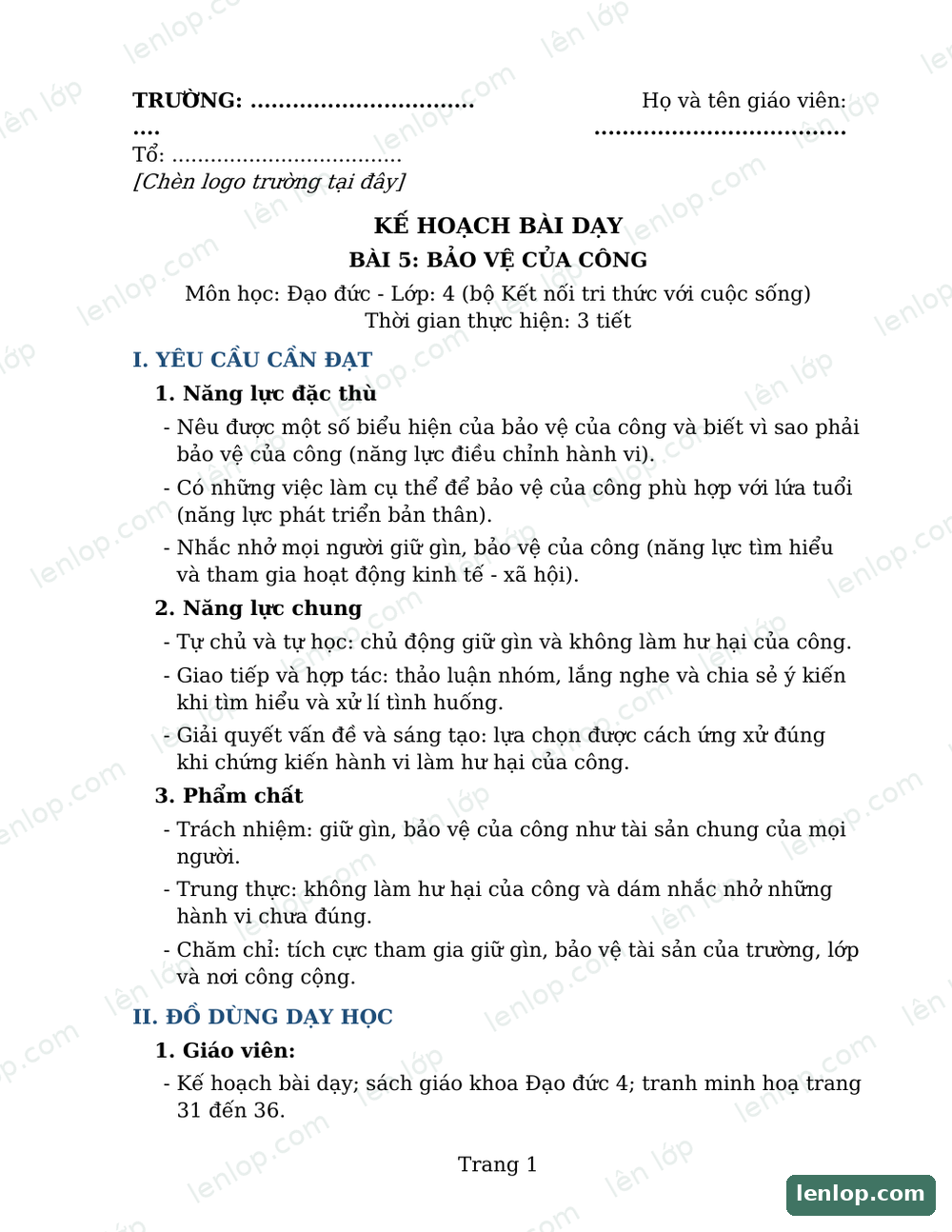 Bài 5: Bảo vệ của công, Giáo án, trang xem trước. Bản có dấu bản quyền lenlop.