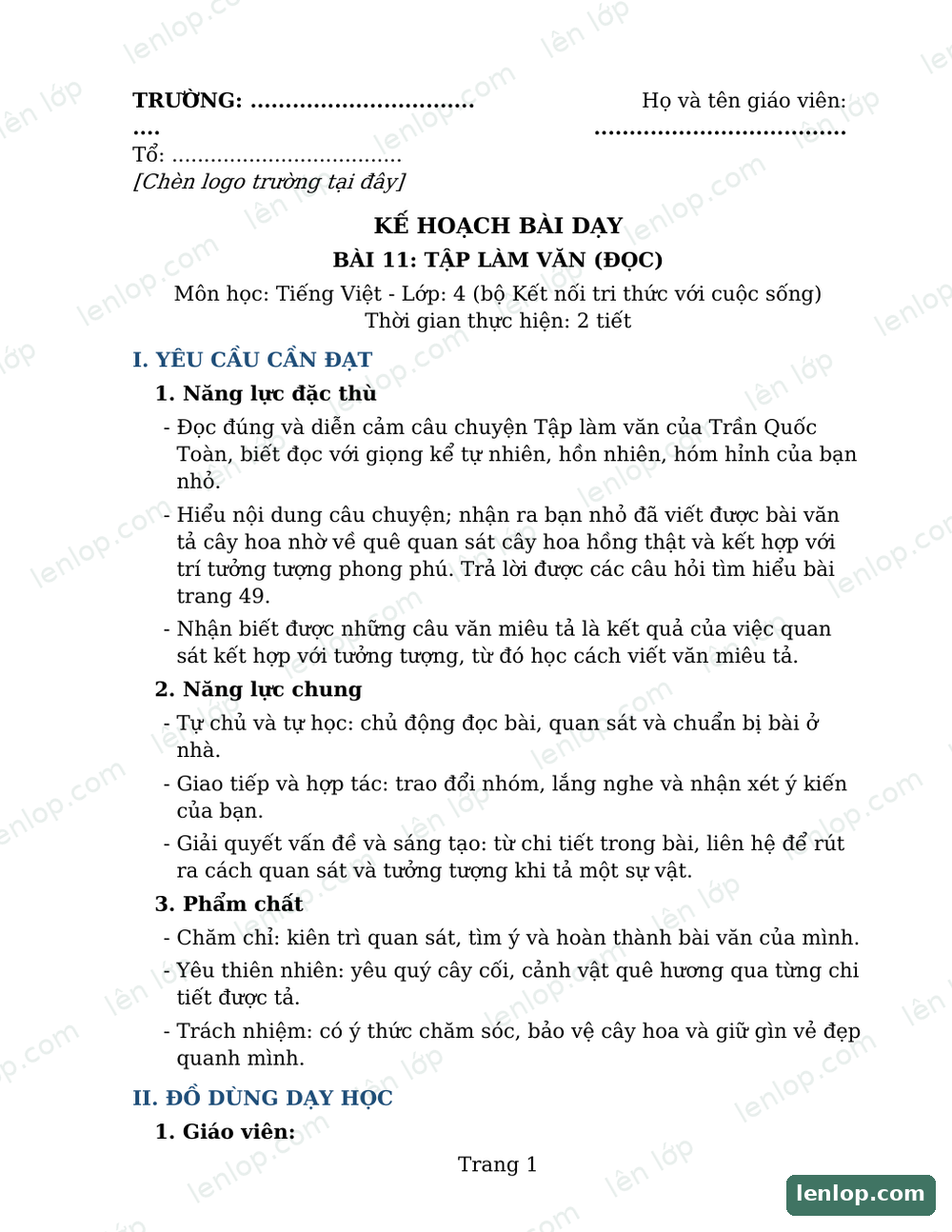 Bài 11: Tập làm văn, Giáo án, trang xem trước. Bản có dấu bản quyền lenlop.