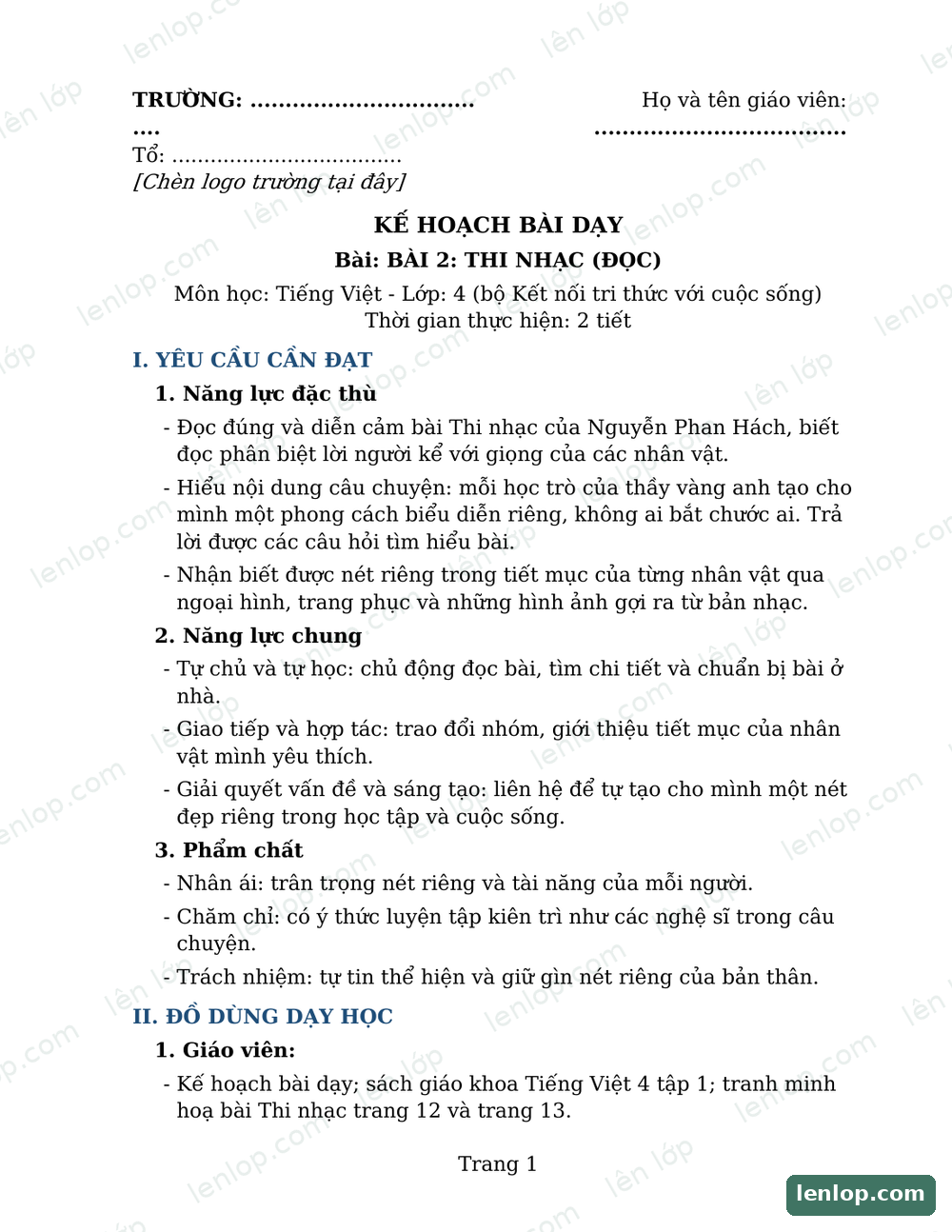 Bài 2: Thi nhạc, Giáo án, trang xem trước. Bản có dấu bản quyền lenlop.