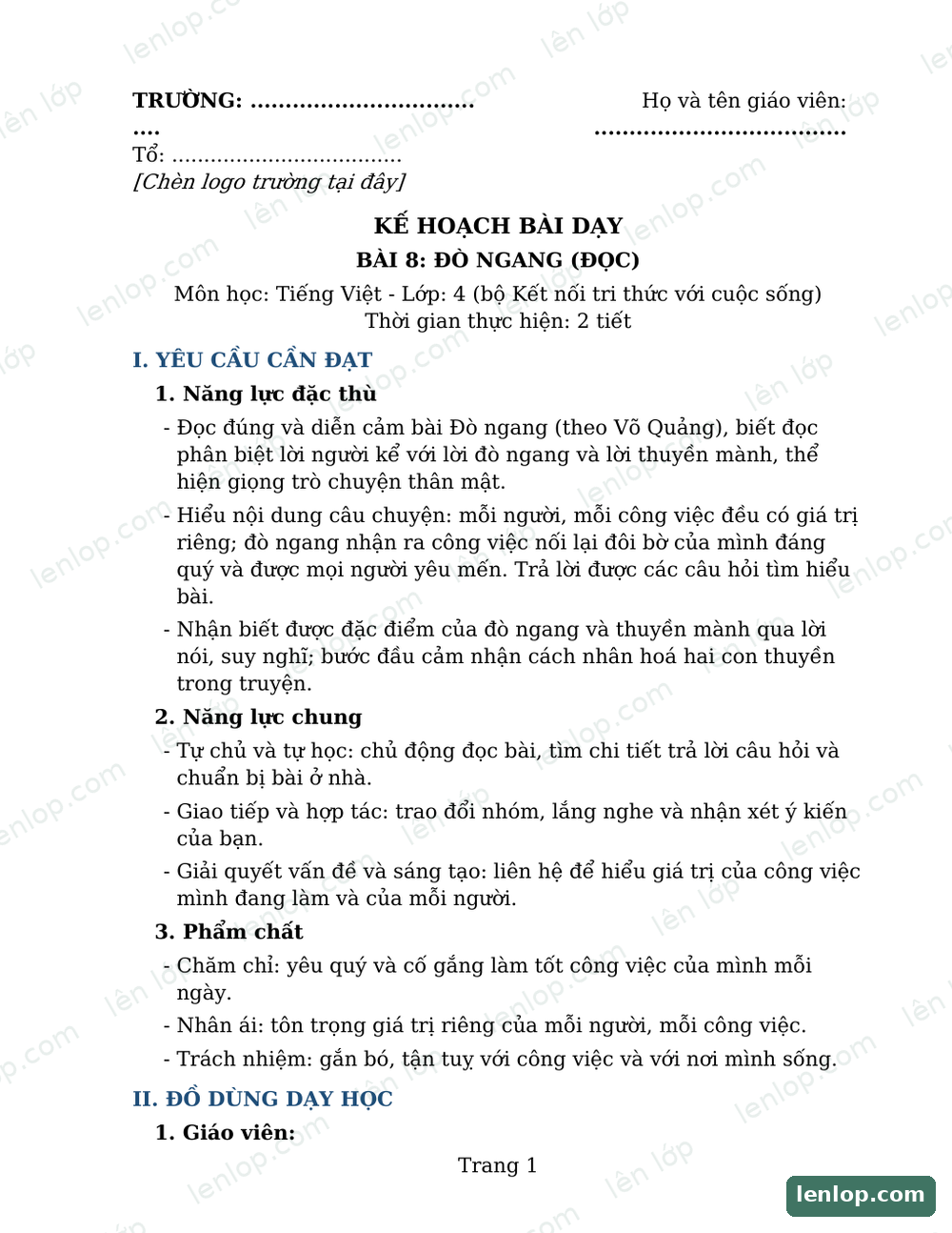 Bài 8: Đò ngang, Giáo án, trang xem trước. Bản có dấu bản quyền lenlop.