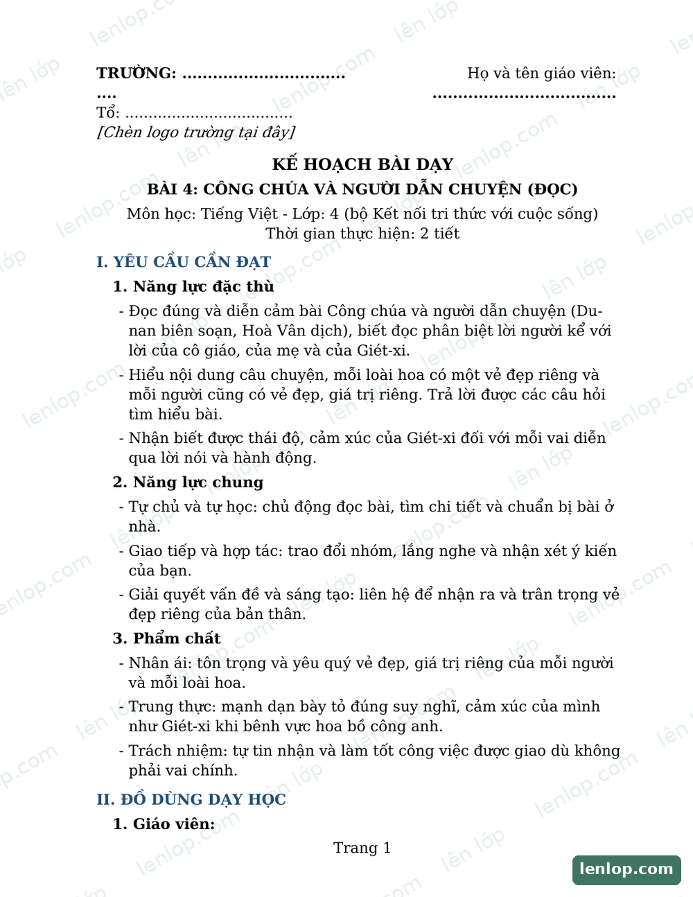 Bài 4: Công chúa và người dẫn chuyện, Giáo án, trang xem trước. Bản có dấu bản quyền lenlop.