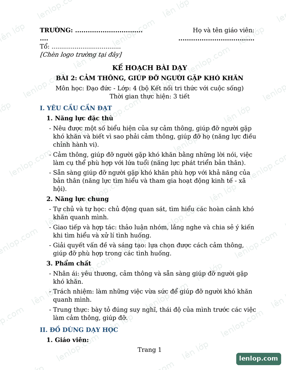 Bài 1: Biết ơn người lao động, Giáo án tích hợp AI, trang xem trước. Bản có dấu bản quyền lenlop.