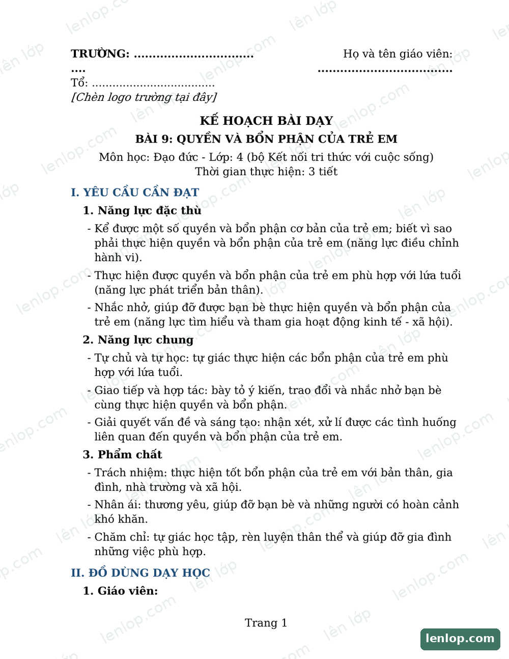Bài 8: Quý trọng đồng tiền, Giáo án tích hợp AI, trang xem trước. Bản có dấu bản quyền lenlop.