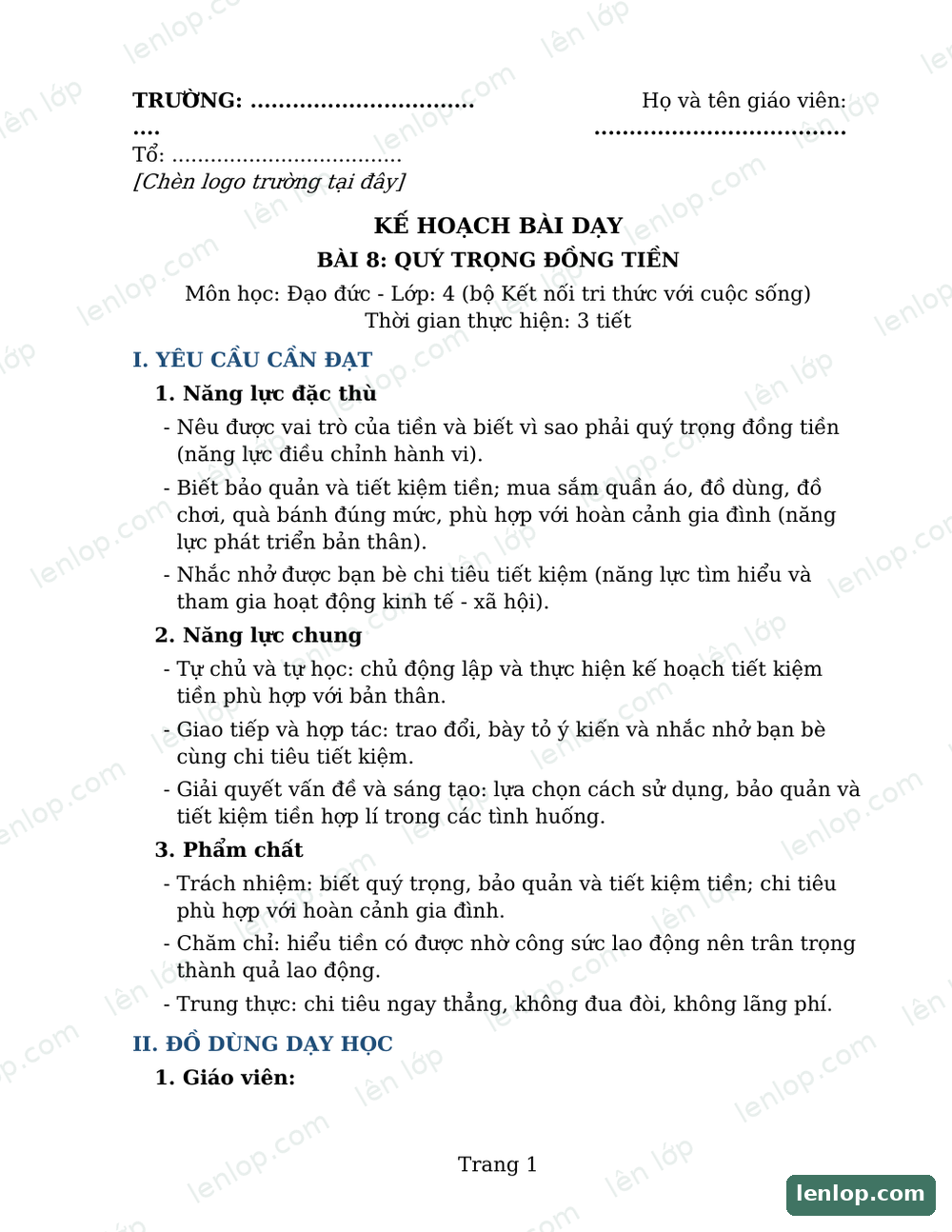 Bài 8: Quý trọng đồng tiền, Giáo án, trang xem trước. Bản có dấu bản quyền lenlop.