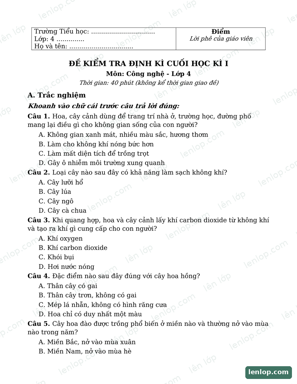 Xem trước Đề kiểm tra định kì cuối học kì i