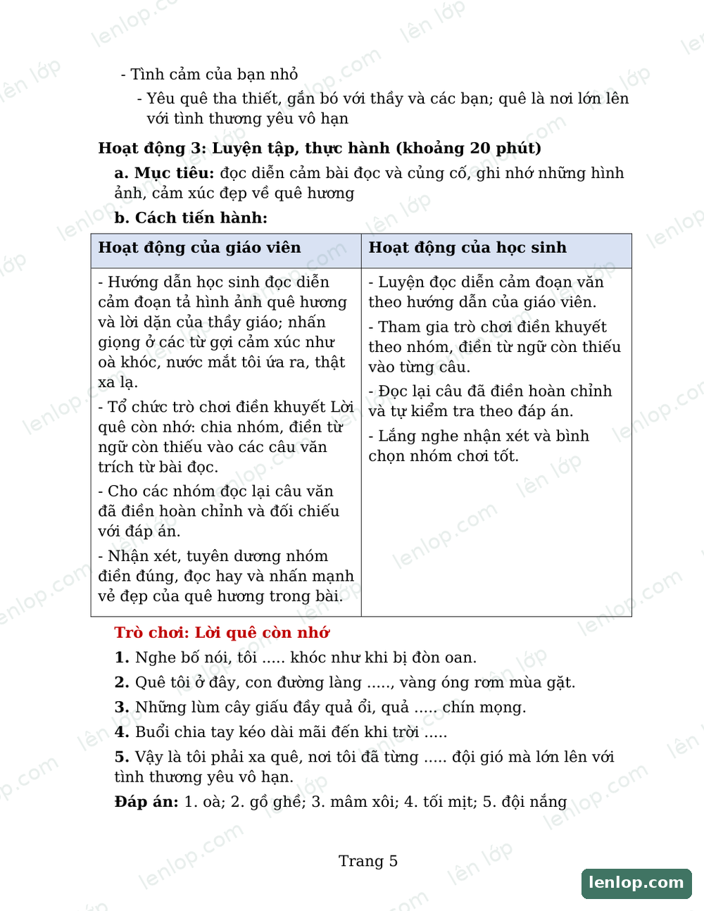 Bài 16: Trước ngày xa quê, Giáo án, trang xem trước. Bản có dấu bản quyền lenlop.
