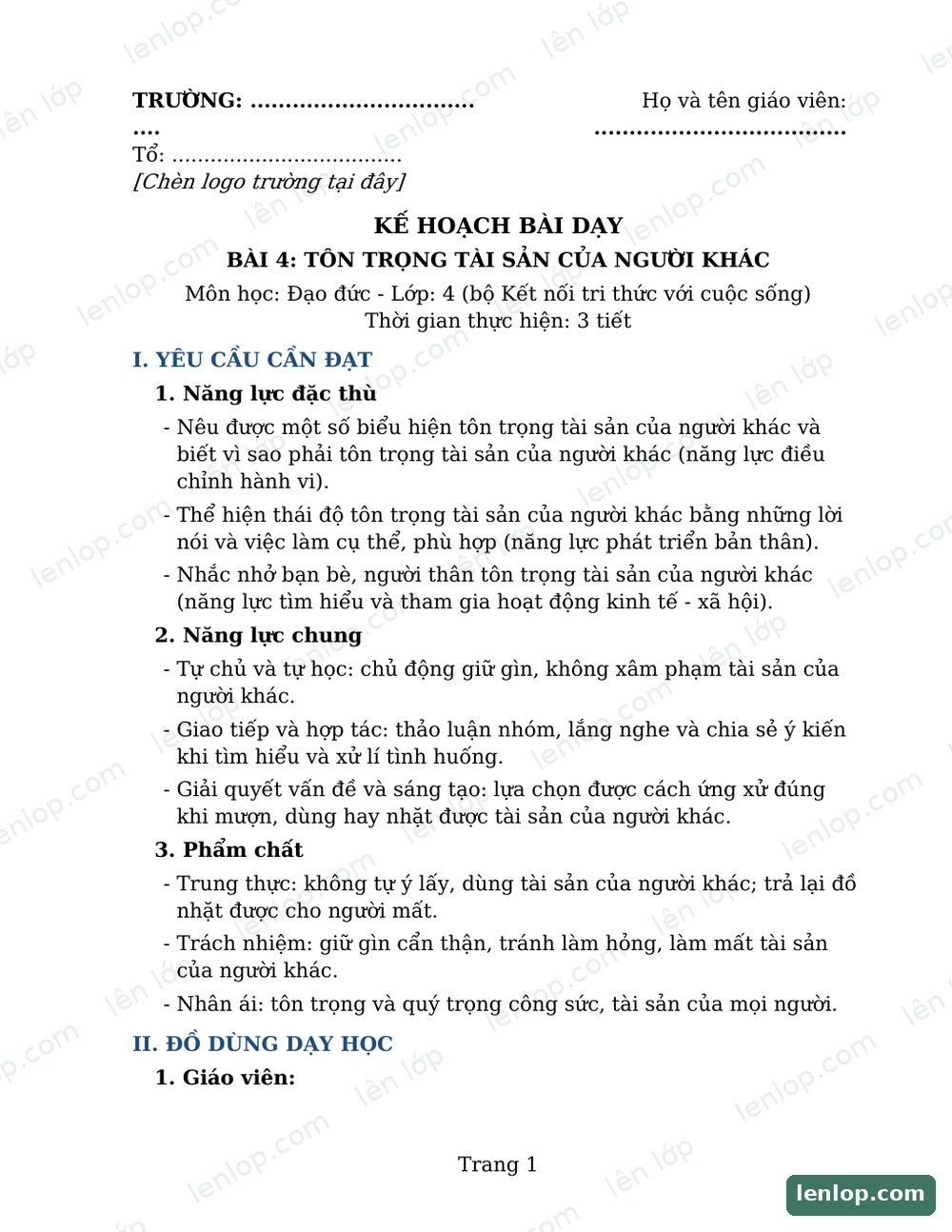 Bài 3: Yêu lao động, Giáo án tích hợp AI, trang xem trước. Bản có dấu bản quyền lenlop.
