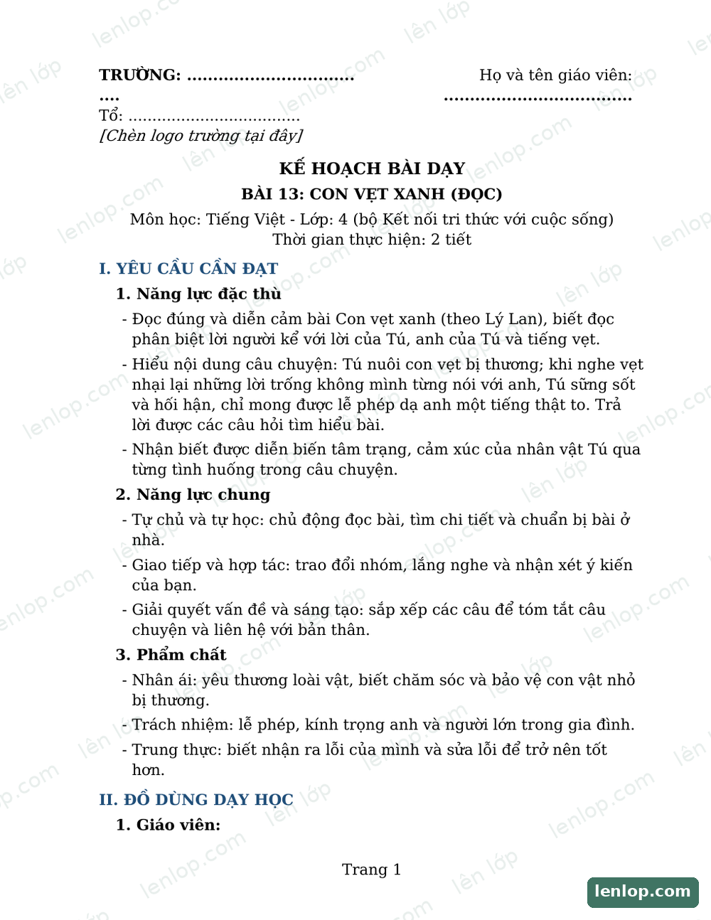 Bài 13: Con vẹt xanh, Giáo án, trang xem trước. Bản có dấu bản quyền lenlop.
