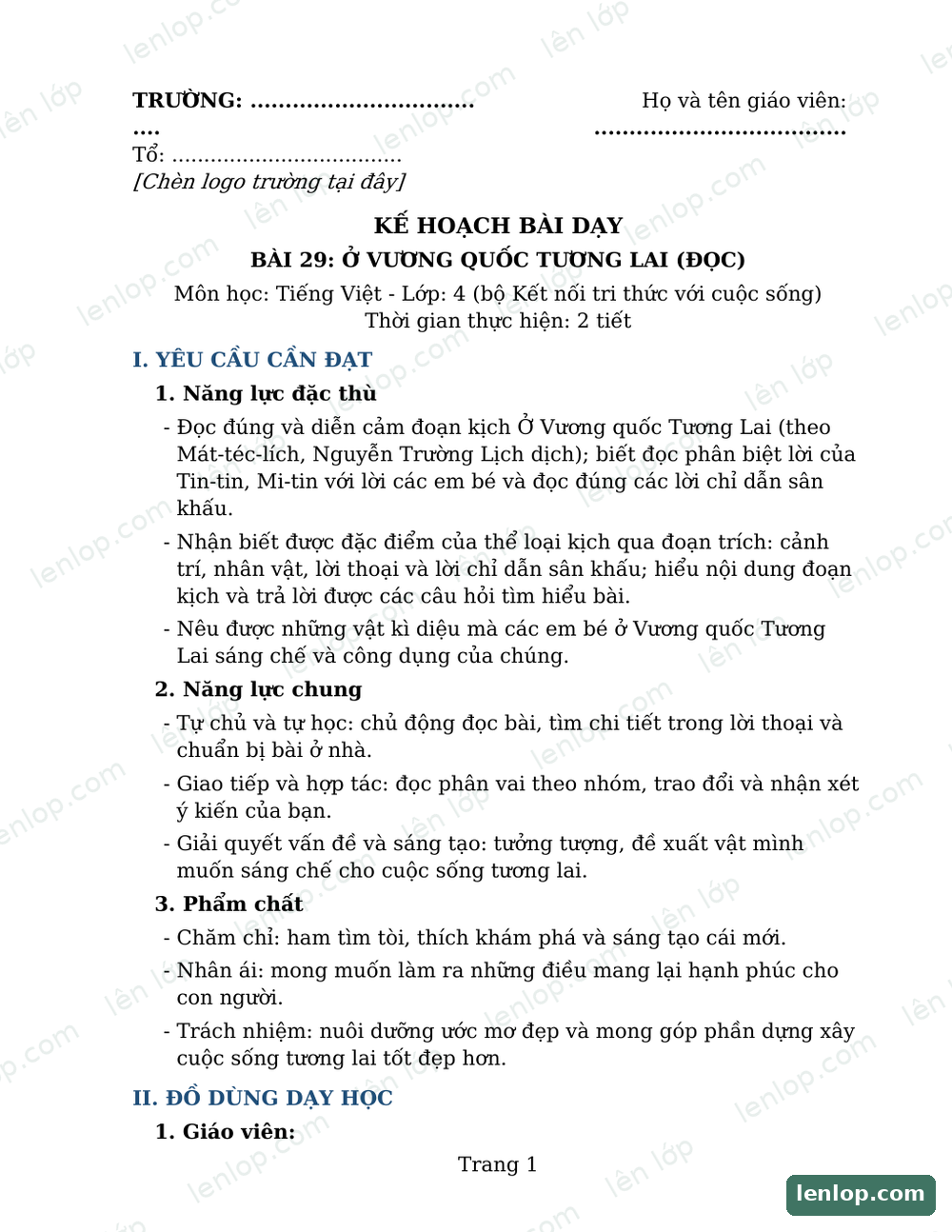 Bài 28: Bốn mùa mơ ước, Giáo án tích hợp AI, trang xem trước. Bản có dấu bản quyền lenlop.
