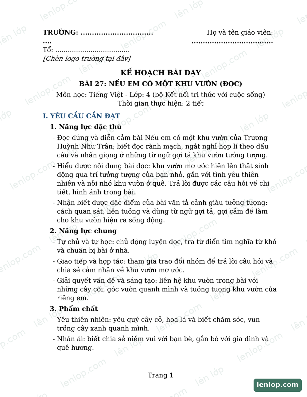 Bài 26: Con trai người làm vườn, Giáo án tích hợp AI, trang xem trước. Bản có dấu bản quyền lenlop.