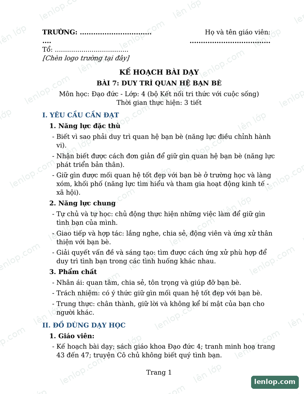 Bài 6: Thiết lập quan hệ bạn bè, Giáo án tích hợp AI, trang xem trước. Bản có dấu bản quyền lenlop.