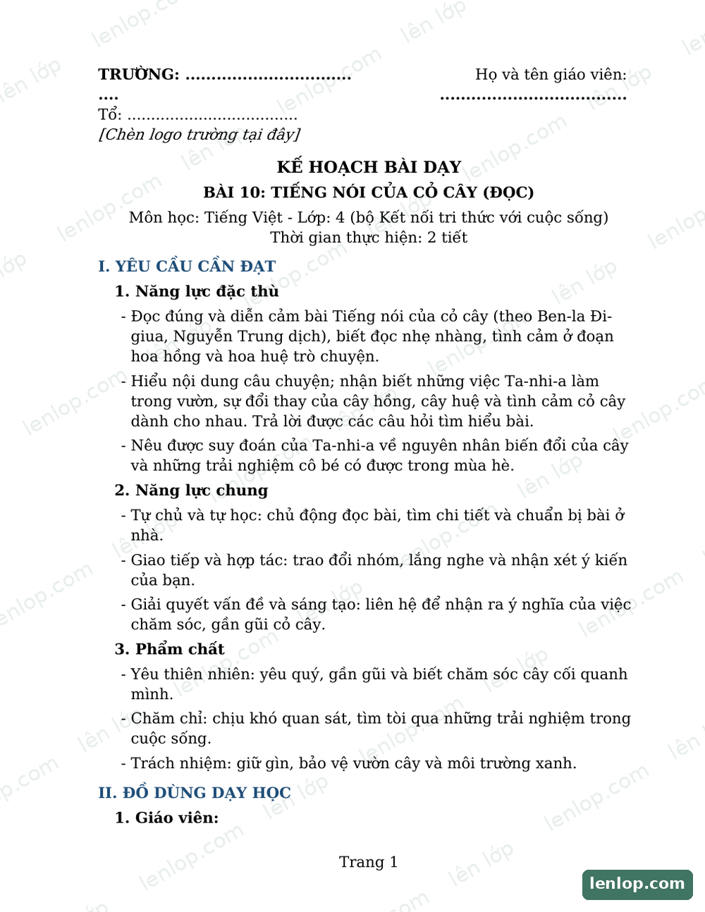 Bài 10: Tiếng nói của cỏ cây, Giáo án, trang xem trước. Bản có dấu bản quyền lenlop.