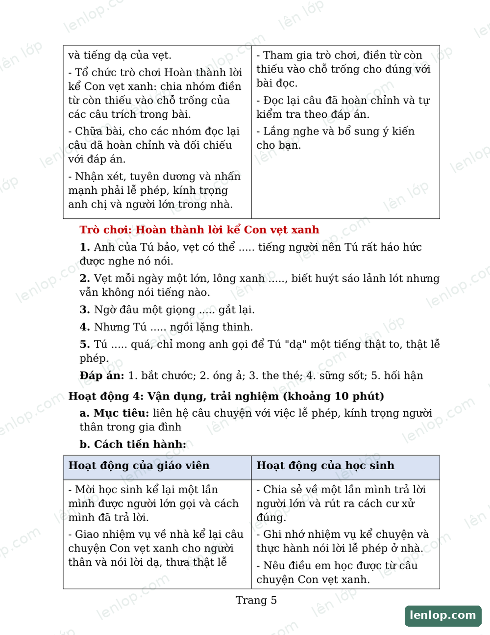 Bài 13: Con vẹt xanh, Giáo án, trang xem trước. Bản có dấu bản quyền lenlop.
