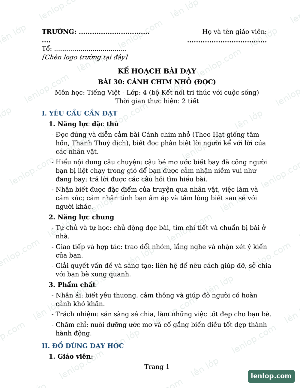 Bài 30: Cánh chim nhỏ, Giáo án, trang xem trước. Bản có dấu bản quyền lenlop.