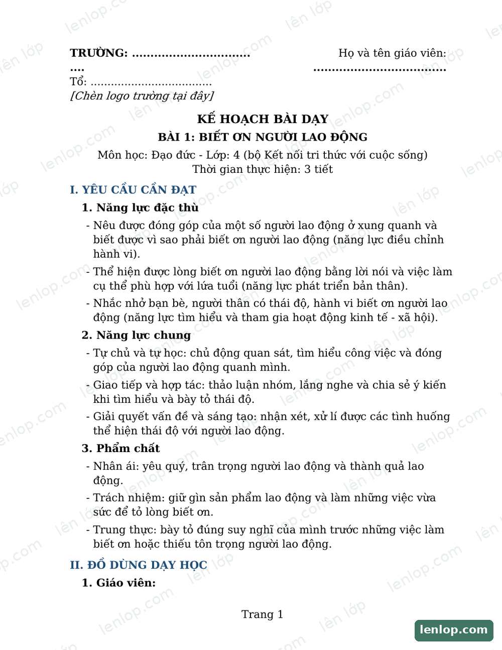 Bài 1: Biết ơn người lao động, Giáo án, trang xem trước. Bản có dấu bản quyền lenlop.