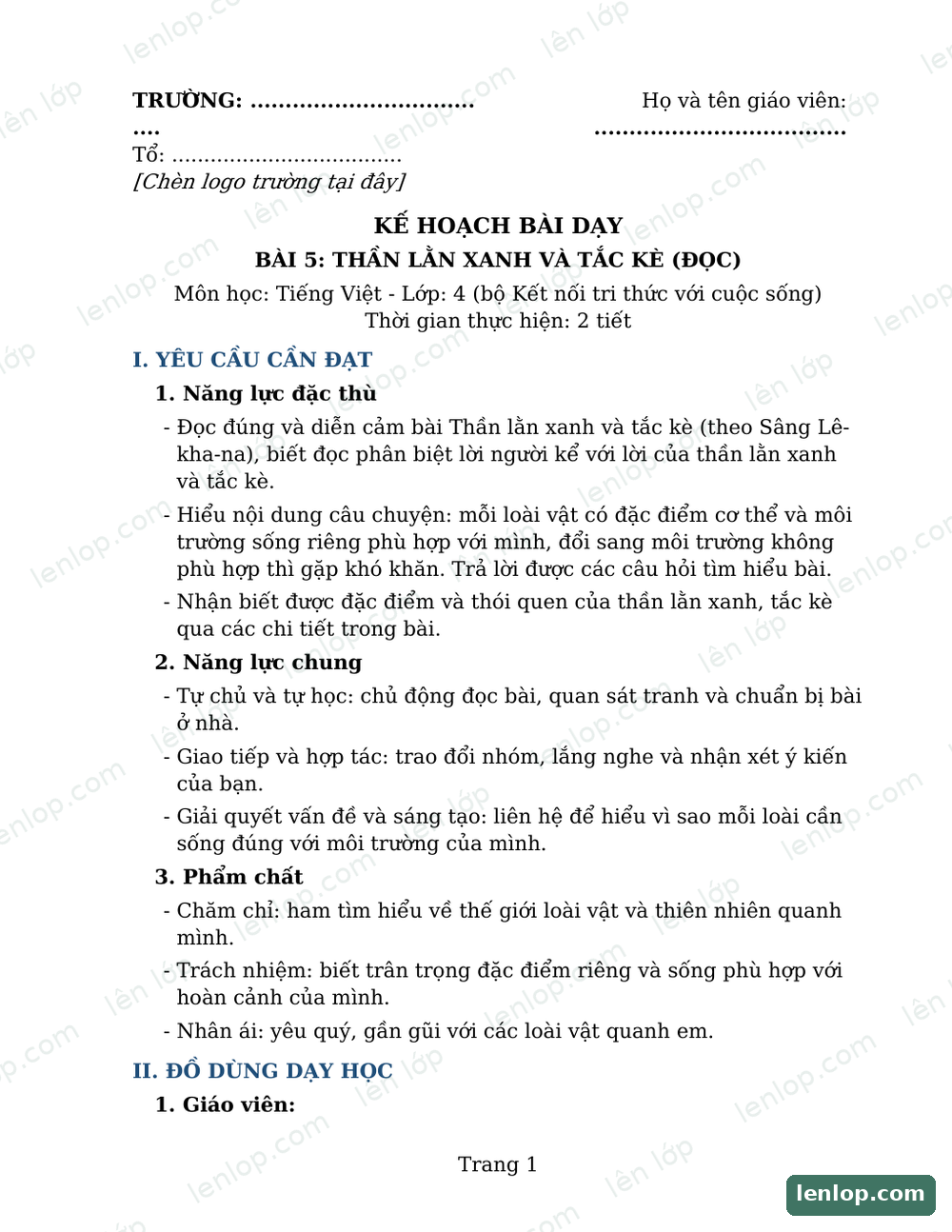 Bài 5: Luyện tập về danh từ, Giáo án tích hợp AI, trang xem trước. Bản có dấu bản quyền lenlop.