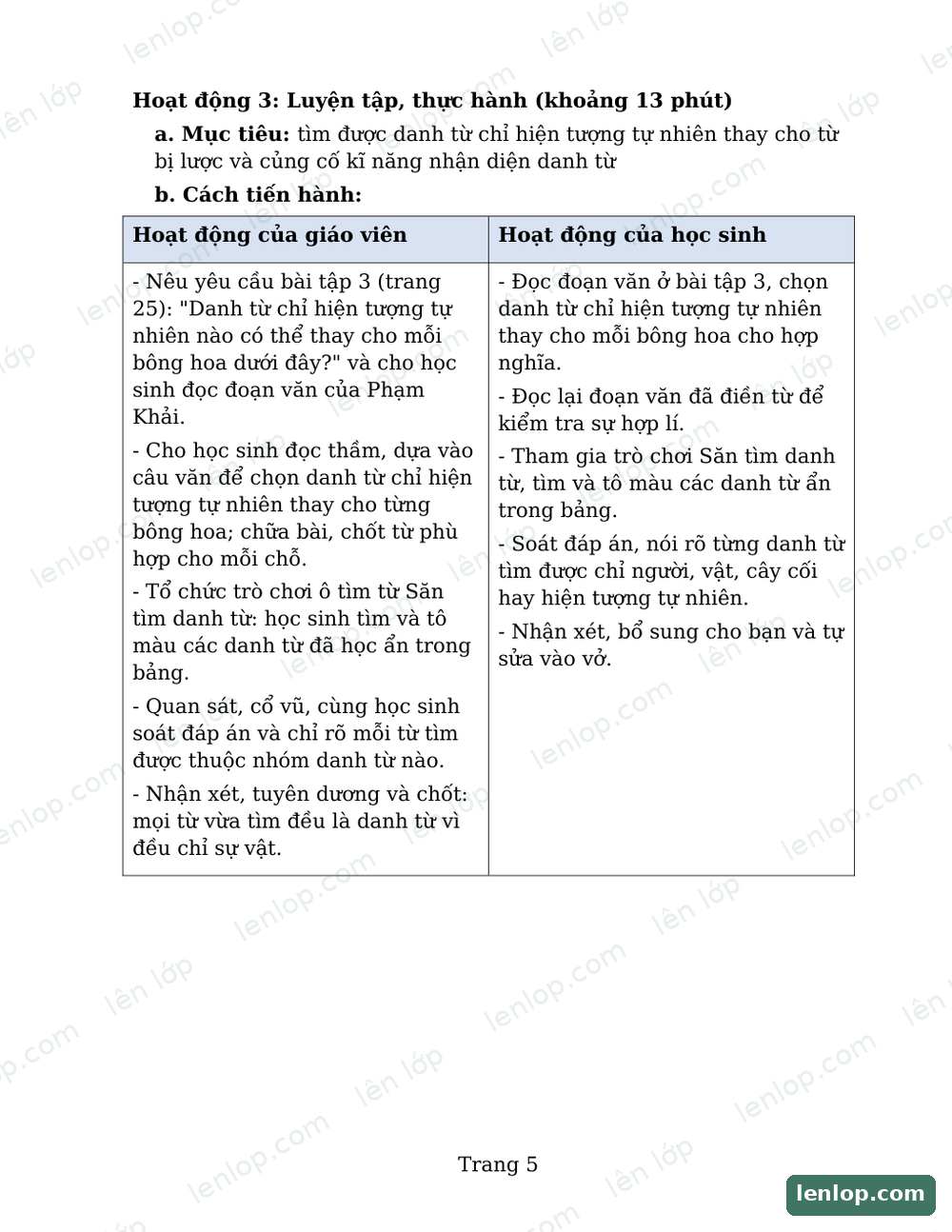 Bài 5: Luyện tập về danh từ, Giáo án, trang xem trước. Bản có dấu bản quyền lenlop.