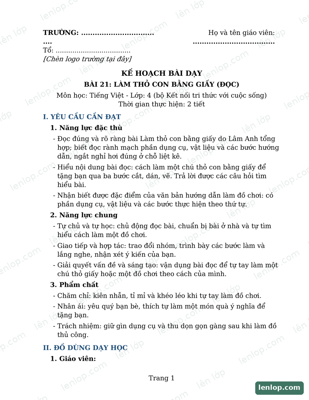 Bài 20: Bầu trời mùa thu, Giáo án tích hợp AI, trang xem trước. Bản có dấu bản quyền lenlop.