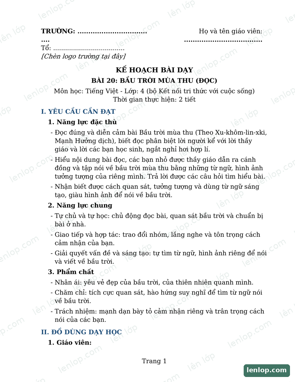 Bài 19: Thanh âm của núi, Giáo án tích hợp AI, trang xem trước. Bản có dấu bản quyền lenlop.