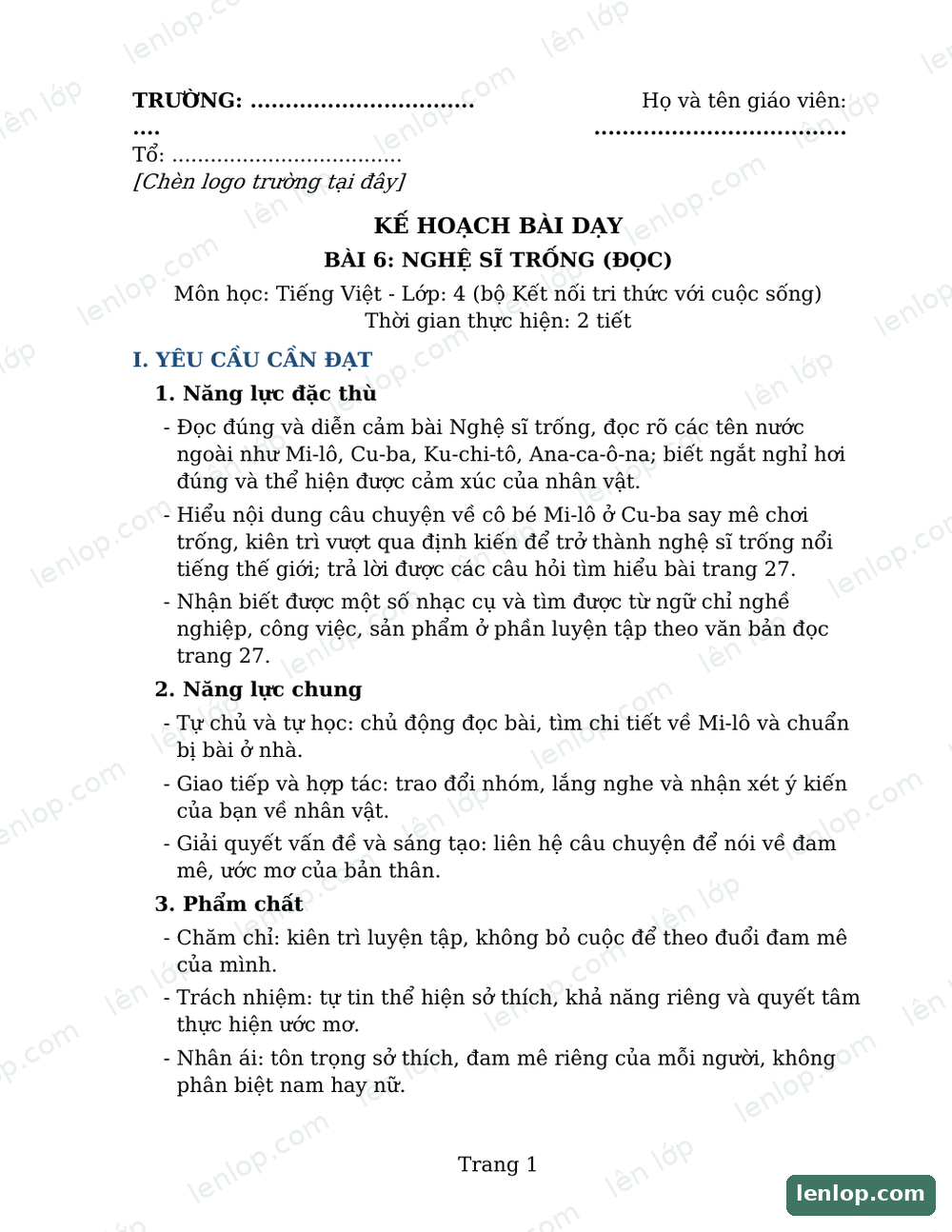 Bài 6: Nghệ sĩ trống, Giáo án, trang xem trước. Bản có dấu bản quyền lenlop.
