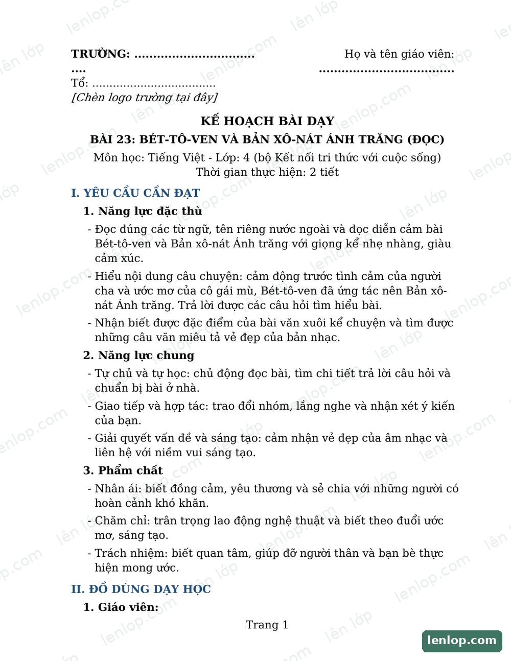 Bài 23: Bét-tô-ven và bản xô-nát ánh trăng, Giáo án, trang xem trước. Bản có dấu bản quyền lenlop.