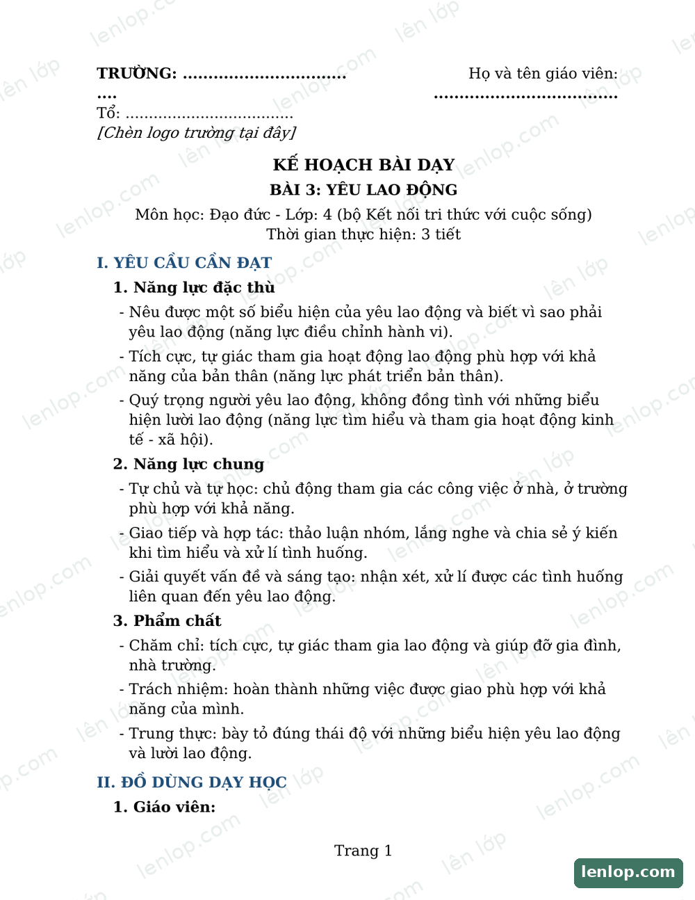 Bài 3: Yêu lao động, Giáo án, trang xem trước. Bản có dấu bản quyền lenlop.