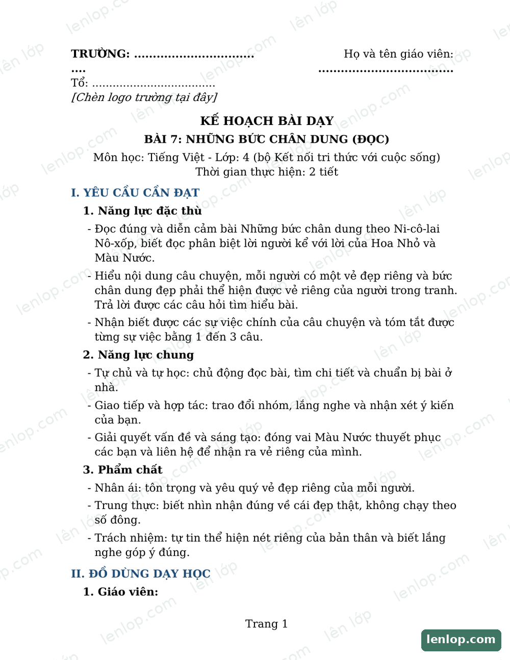 Bài 7: Những bức chân dung, Giáo án, trang xem trước. Bản có dấu bản quyền lenlop.