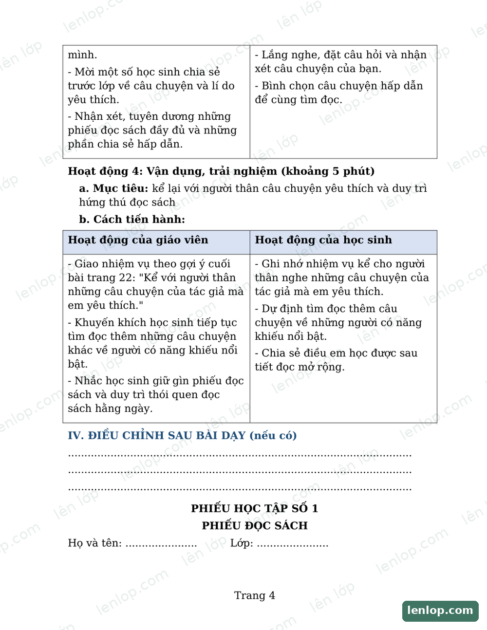 Bài 4: Đọc mở rộng, Giáo án, trang xem trước. Bản có dấu bản quyền lenlop.