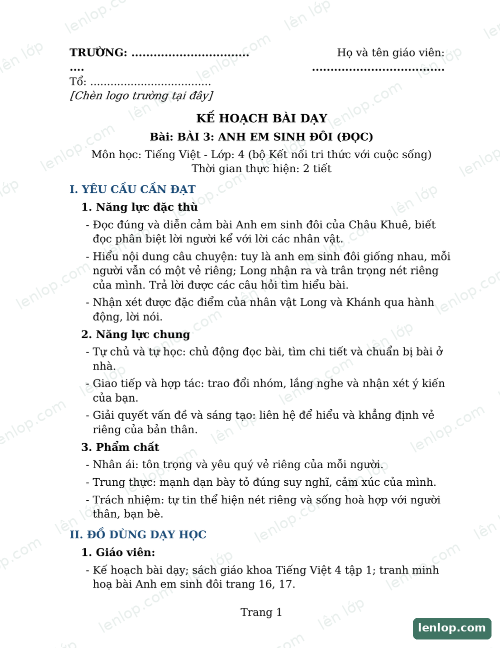 Bài 3: Anh em sinh đôi, Giáo án, trang xem trước. Bản có dấu bản quyền lenlop.
