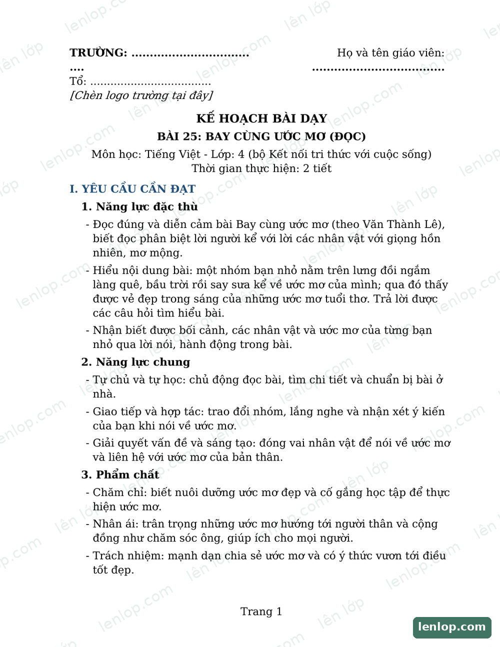 Bài 25: Bay cùng ước mơ, Giáo án, trang xem trước. Bản có dấu bản quyền lenlop.