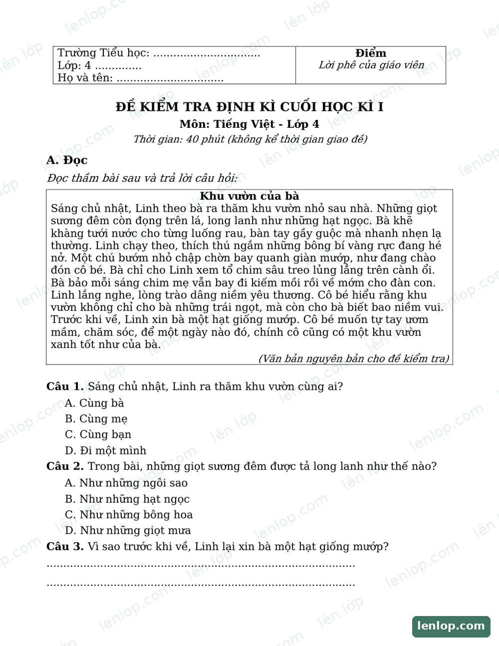 Xem trước Đề kiểm tra định kì cuối học kì i