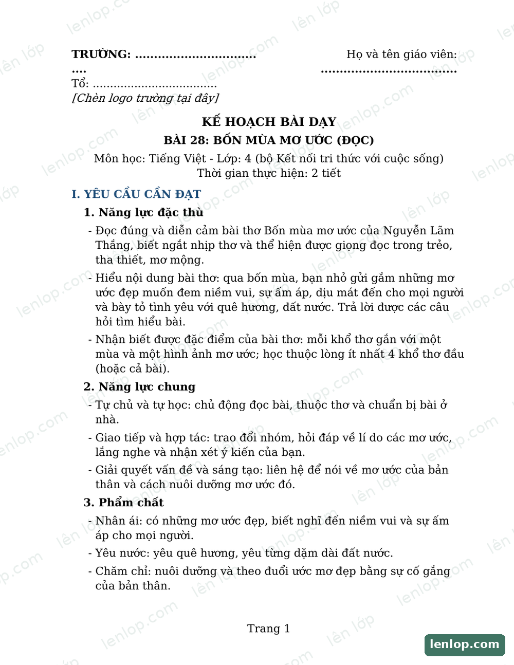 Bài 28: Bốn mùa mơ ước, Giáo án, trang xem trước. Bản có dấu bản quyền lenlop.
