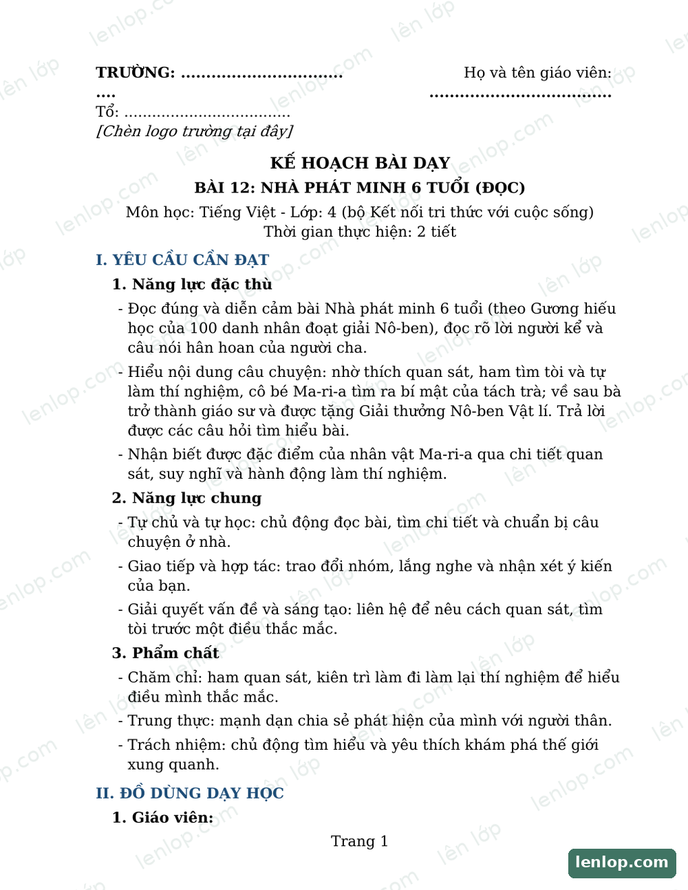 Bài 11: Tập làm văn, Giáo án tích hợp AI, trang xem trước. Bản có dấu bản quyền lenlop.
