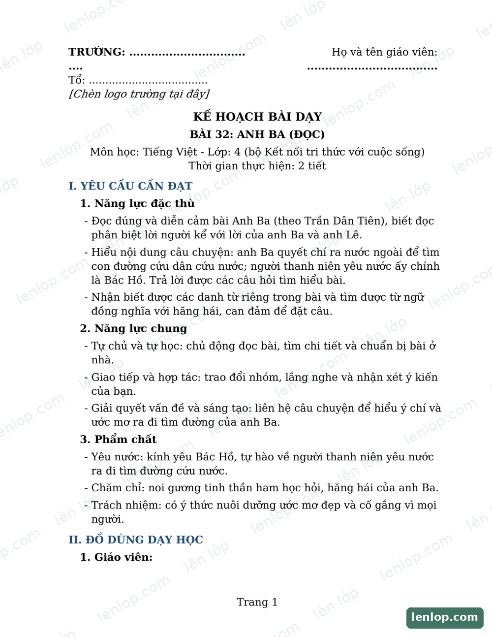 Bài 32: Anh ba, Giáo án, trang xem trước. Bản có dấu bản quyền lenlop.