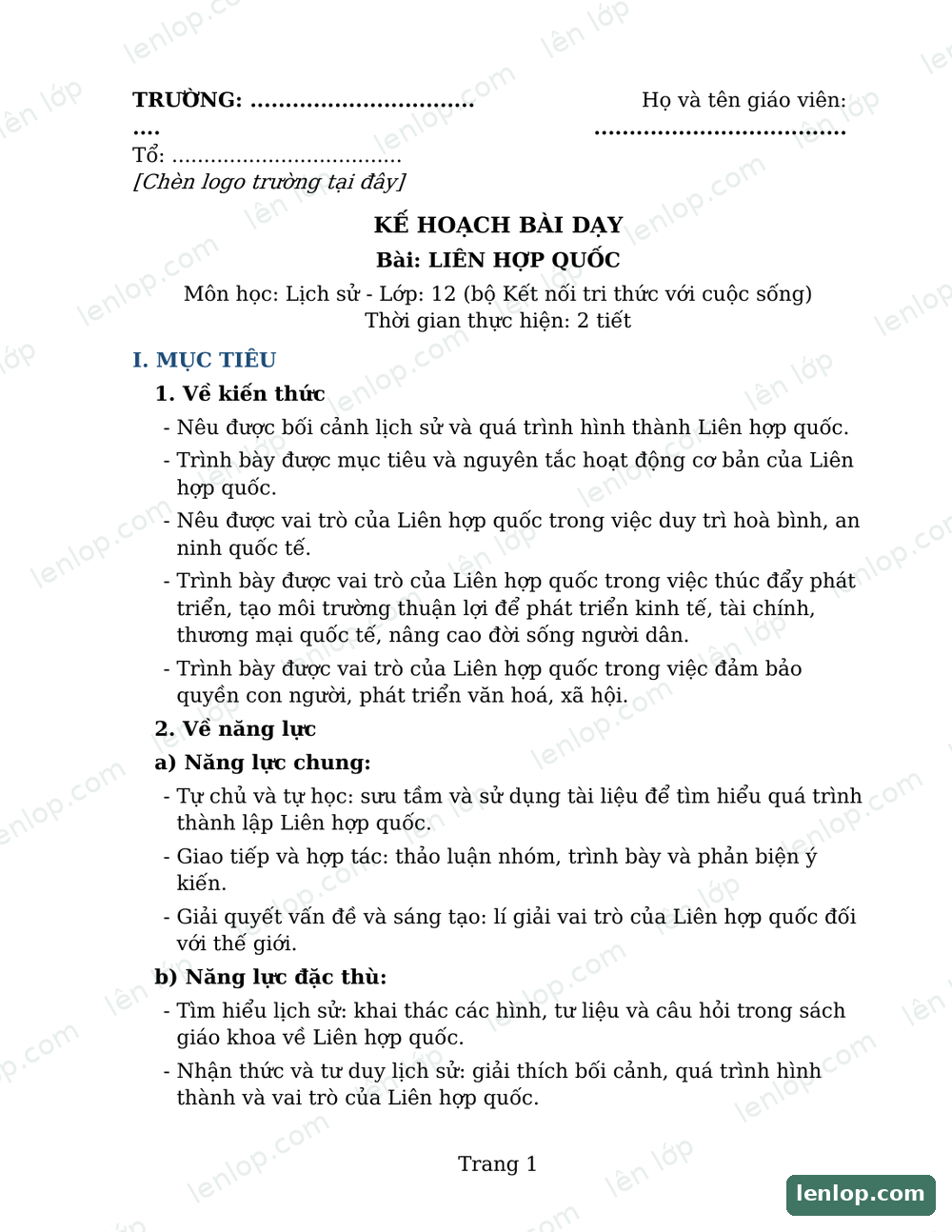 Bài 1: Liên hợp quốc, Giáo án, trang xem trước. Bản có dấu bản quyền lenlop.